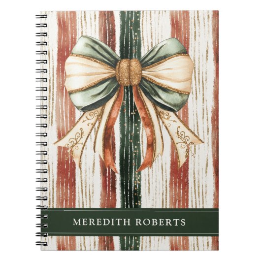 Carnet Christmas Bow Rustic Stripes Personalized (Devant)