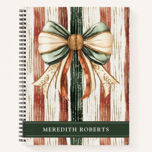 Carnet Christmas Bow Rustic Stripes Personalized (Devant)