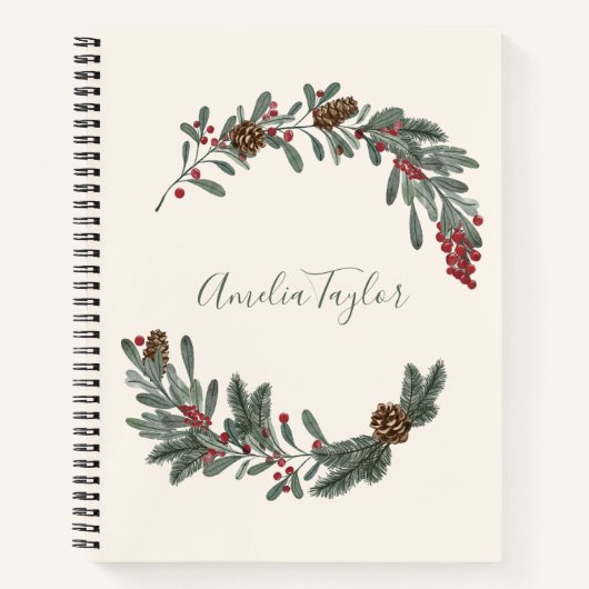 Carnet Christmas Floral Wreath Personalized Script Name (Devant)