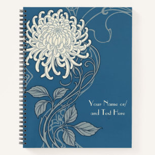 Carnet Chrysanthème Art Nouveau Bleu et Blanc Vintage