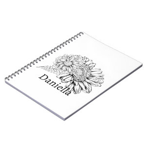 Carnet Chrysanthème Dessin au trait noir avec votre nom