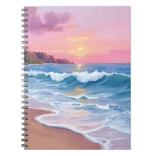 Carnet Cieux pastel rose Vagues de plage à l'aquarelle