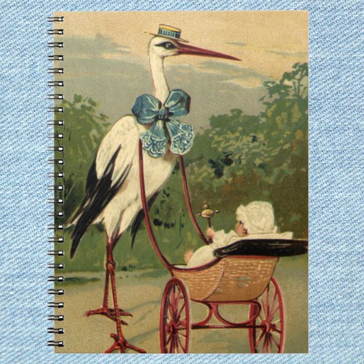 Carnet Cigogne et voiture d'enfant victorienne vintage