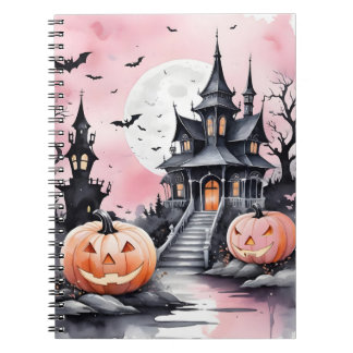 Carnet Citrouille rose Halloween fantaisiste et manoir ef