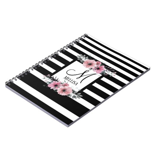 Carnet Classé noir blanc rayures fleurie nom monogramme (Côté gauche)