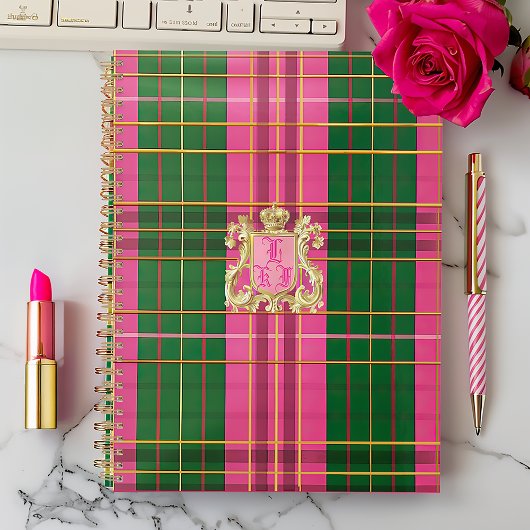 Carnet Classic Plaid rose et vert Monogramme