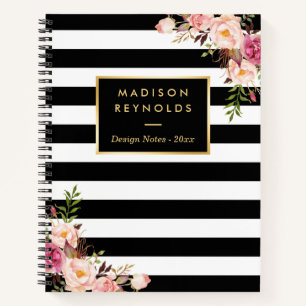 Carnet Classy Black White Stripes Floral Notes personnell