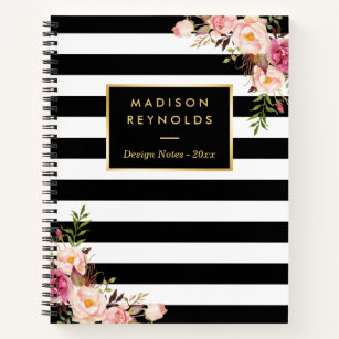 Carnet Classy Black White Stripes Floral Notes personnell