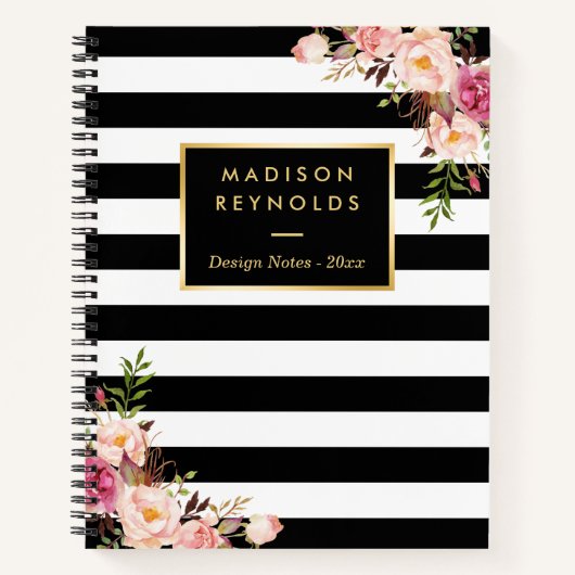 Carnet Classy Black White Stripes Floral Notes personnell (Devant)