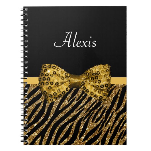 Carnet Classy Gold Zebra Print FAUX Glitz Bow avec nom (Devant)