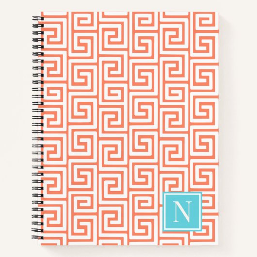 Carnet Clé grecque preppy Monogramme – Corail & Turquoise (Devant)