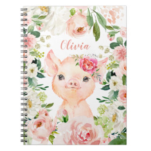 Carnet Cochon mignon aux fleurs roses blanches