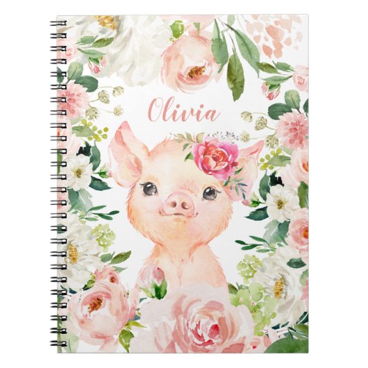 Carnet Cochon mignon aux fleurs roses blanches (Devant)