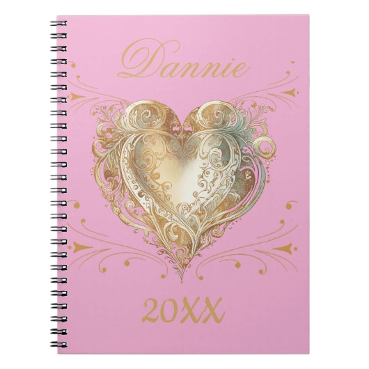 Carnet Cœur élégant personnalisé rose et or (Devant)