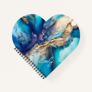 Carnet Cœur en marbre bleu or personnalisé avec nom