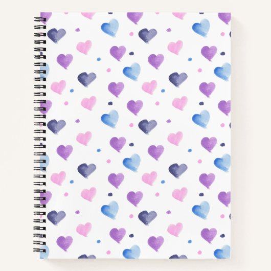 Carnet Coeurs et points Aquarelle rose bleu pourpre (Devant)