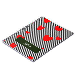 Carnet Coeurs et rayures rouges personnalisés