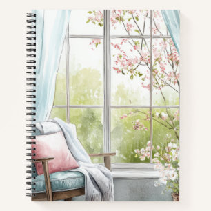 Carnet Coin de lecture aquarelle cosy fenêtre jardin prin
