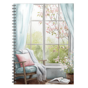 Carnet Coin de lecture aquarelle cosy fenêtre jardin prin