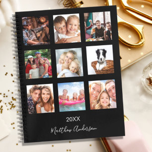 Carnet Collage de photos personnalisé noir monogramme mod