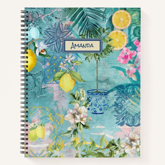 Carnet Collier chic bleu turquoise sicilien agrus floral (Devant)
