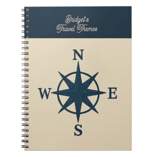 Carnet Compas bleu marine et nom beige Voyage côtier (Devant)