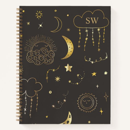 Carnet Constellation Lune & Étoiles Monogramme noir & or (Devant)