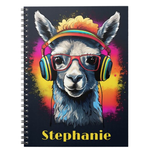 Carnet Cool Llama DJ avec casque Nom (Devant)