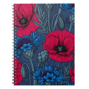 Carnet Coquelicots rouges et fleurs bleues sur bleu