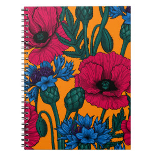 Carnet Coquelicots rouges et fleurs de maïs bleues sur or