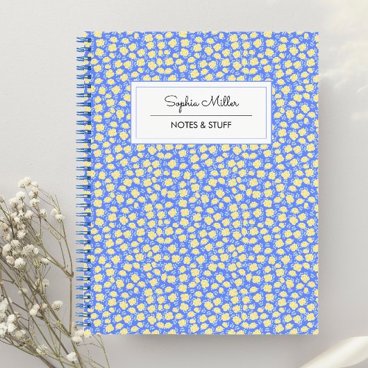Carnet Coquette jaune bleu florale spirale personnalisée