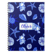 Carnet Coquillage bleu mélangé motif-nom monogramme perso (Devant)