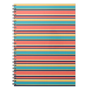 Carnet Corail vivant, rayures bleues et jaunes