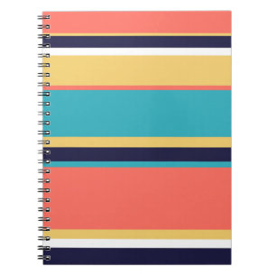 Carnet Corail vivant, rayures bleues et jaunes