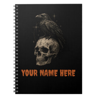 Carnet Corbeau gothique sur crâne, mystère vintage.