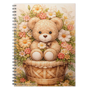 Carnet Corbeille de fleurs avec un ours en peluche vintag
