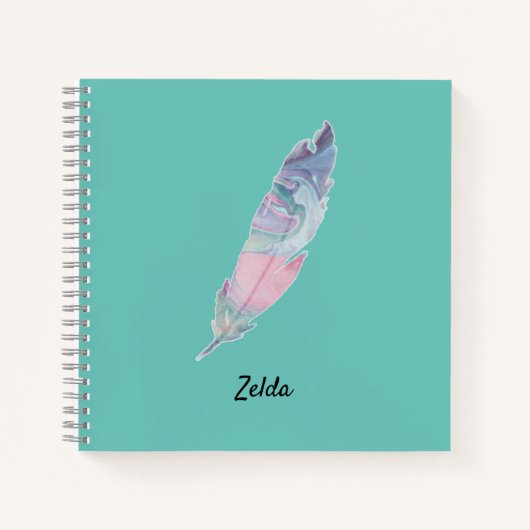 Carnet Couleur Turquoise moderne bleu et plumes rose (Devant)