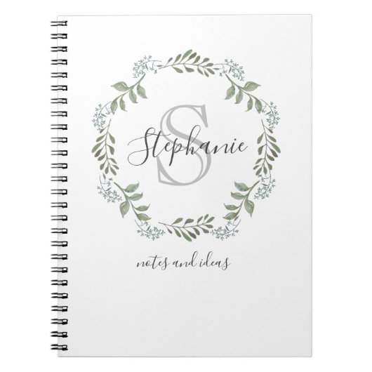 Carnet Couronne botanique de verdure sage avec monogramme (Devant)