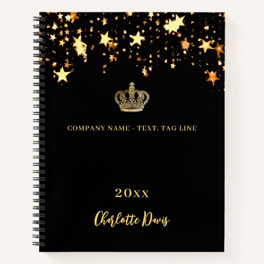 Carnet Couronne d'or noir étoiles nom année entreprise (Devant)