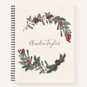 Carnet Couronne florale de Noël avec nom personnalisé en 