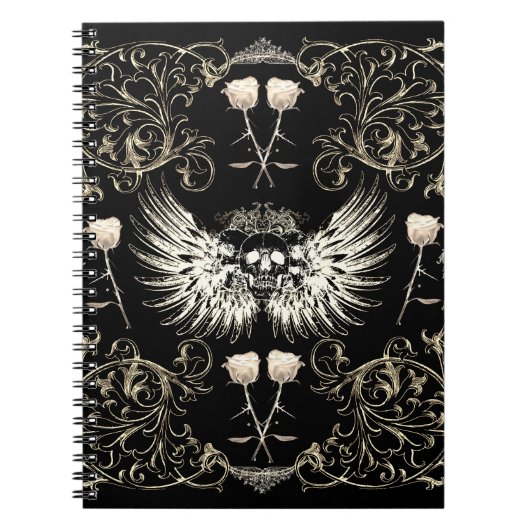 Carnet Crâne à ailes et roses blanches de romance gothiqu (Devant)