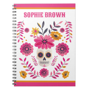 Carnet Crâne à sucre rose Floral mexicain Motif personnal