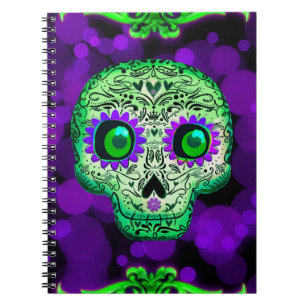 Carnet Crâne de sucre mignon Halloween vert et violet lum