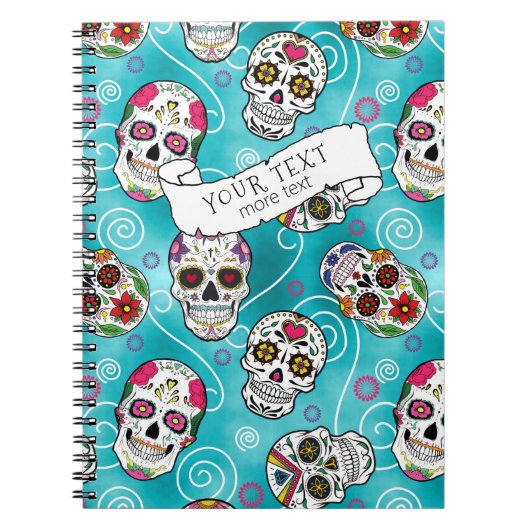 Carnet Crânes à sucre et tourbillons Rose Turquoise ID725 (Devant)