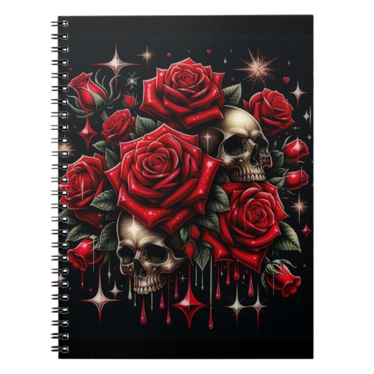 Carnet Crânes dorés et roses rouges scintillent de glamou (Devant)