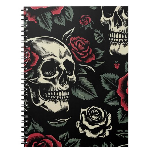 Carnet Crânes et roses rouges Floral gothique (Devant)