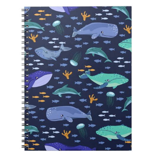 Carnet Créatures marines : baleines, méduses motif. (Devant)