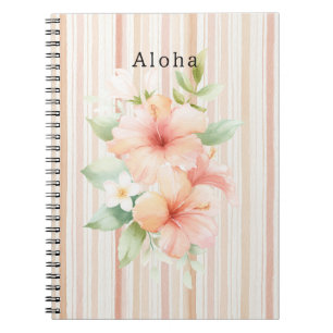 Carnet Crème de pêche rose rayures tropical floral hibisc