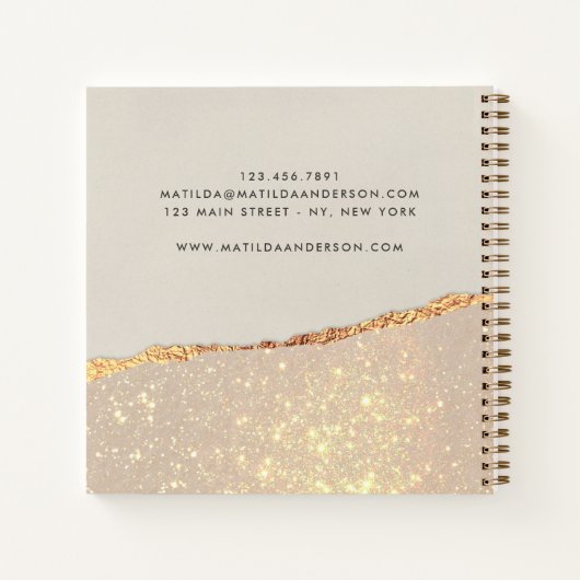 Carnet Crème noire personnalisée pailletée or faux foil (Dos)