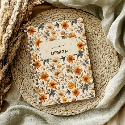 Carnet Crème Orange Marron Fleur Séchée Vintage